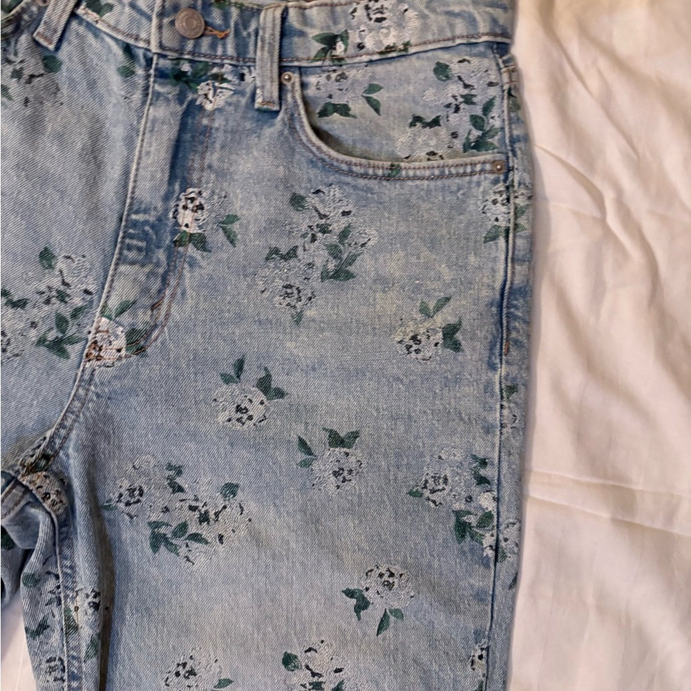High Rise Blue Floral Jeans with Distressed Look